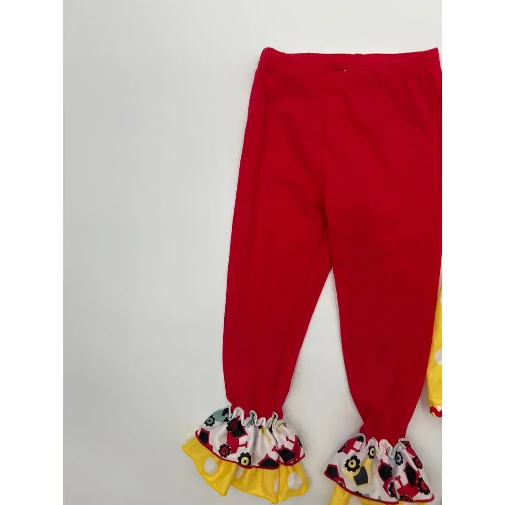 Marie Nicole Clothing 2T Tractor Polka Dot Ruffle Outfit Set Yellow Red Girls